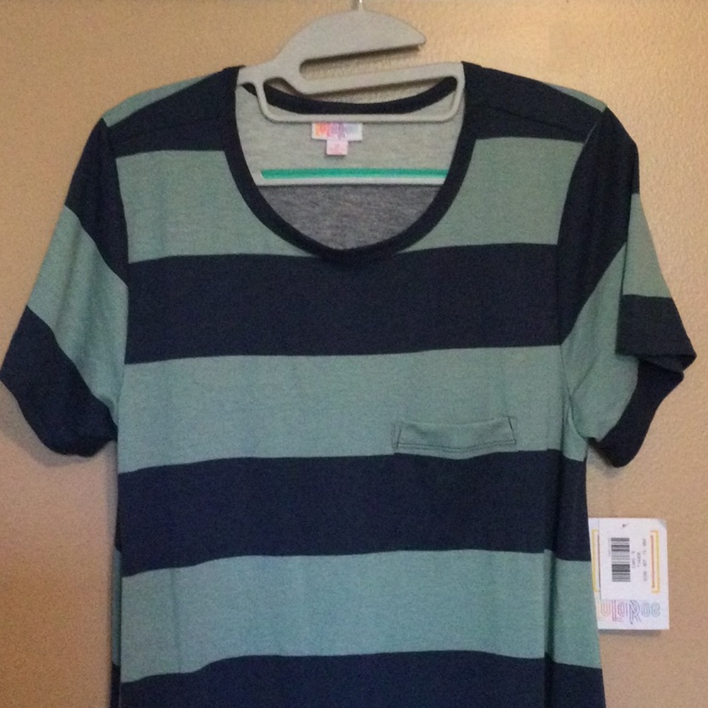 New with tags Lularoe Carly Dress, size Small. Navy and green stripes